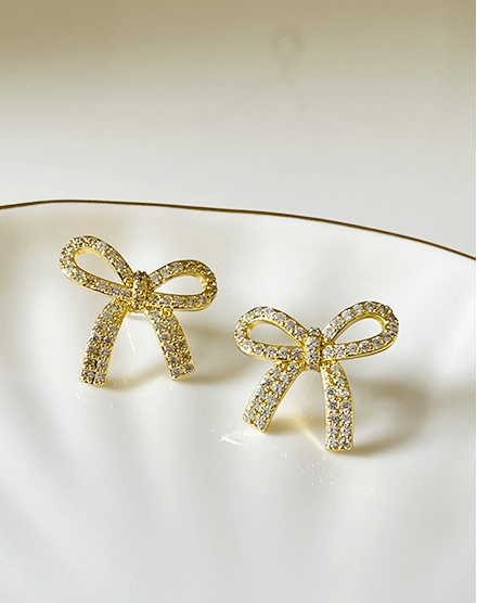 Dazzling Bow Crystal Detail Gold Plated Stud Earrings - Silks & Jewels