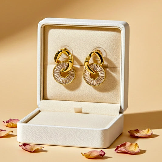 Crystal Halo Baguette Cut Gold Plated Earrings