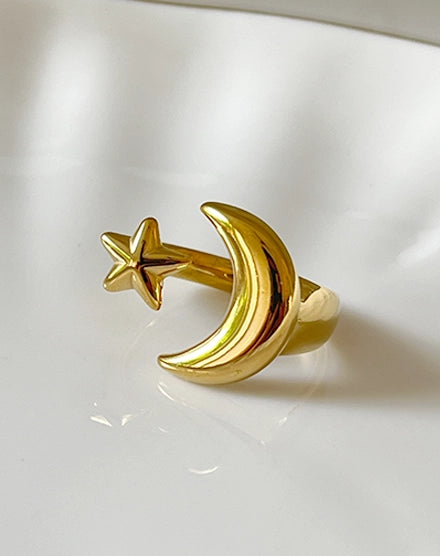 Stellar Embrace Moon and Star Adjustable Gold Ring