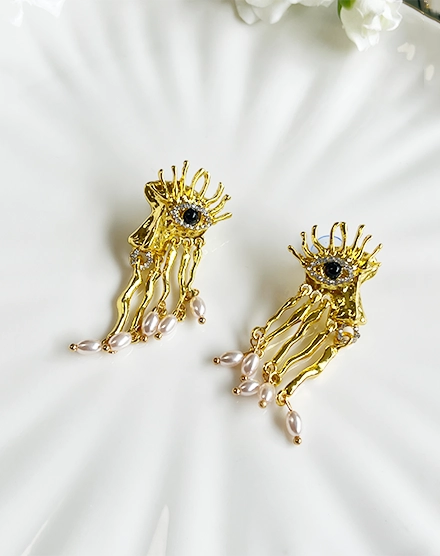 Mystic Gaze Pearl Crystal Eye Motif Earrings