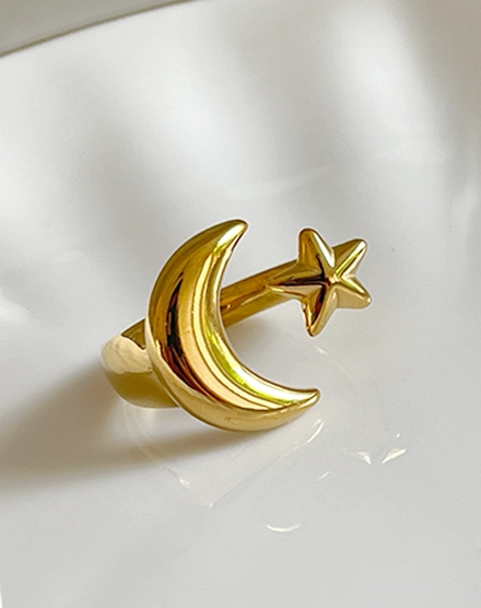 Stellar Embrace Moon and Star Adjustable Gold Ring