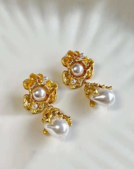 Ancient Floral Gold Tone Stainless Steel Earrings - Silks & Jewels