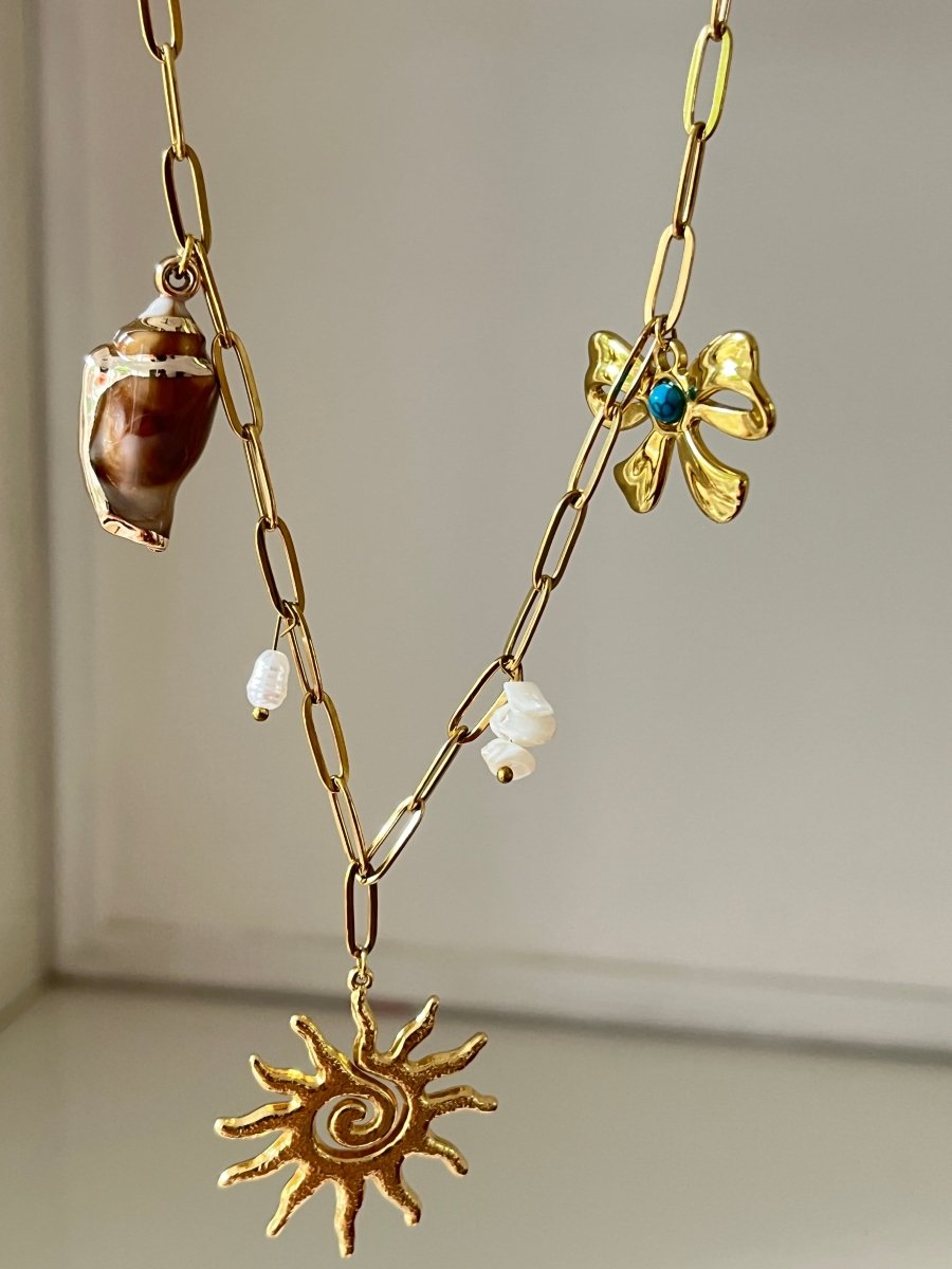 Boho Sun and Shell Gold Plated Pearl Necklace - Silks & Jewels
