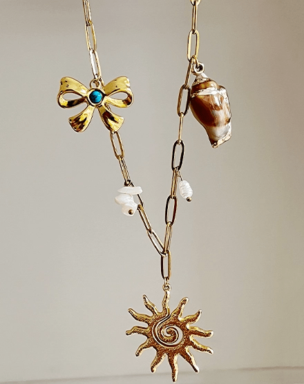 Boho Sun and Shell Gold Plated Pearl Necklace - Silks & Jewels