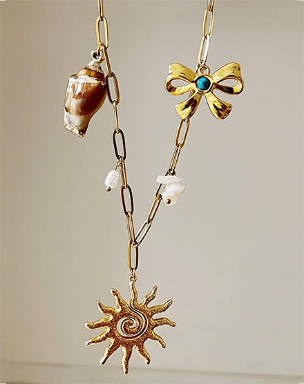Boho Sun and Shell Gold Plated Pearl Necklace - Silks & Jewels