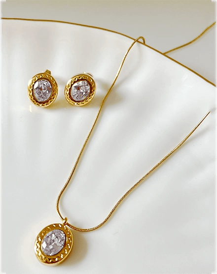 Classic Oval Solitaire Zircon Gold Plated Necklace Set - Silks & Jewels
