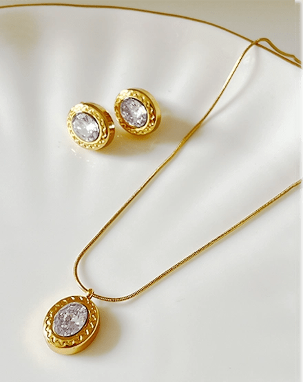 Classic Oval Solitaire Zircon Gold Plated Necklace Set - Silks & Jewels