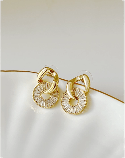 Crystal Halo Baguette Cut Gold Plated Earrings - Silks & Jewels