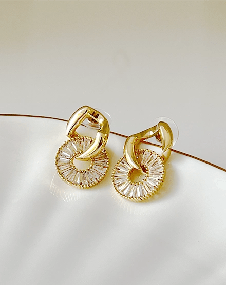 Crystal Halo Baguette Cut Gold Plated Earrings - Silks & Jewels