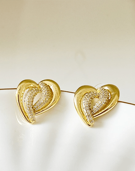 Elegant Heart Sparkling Stone Gold Stud Earrings - Silks & Jewels