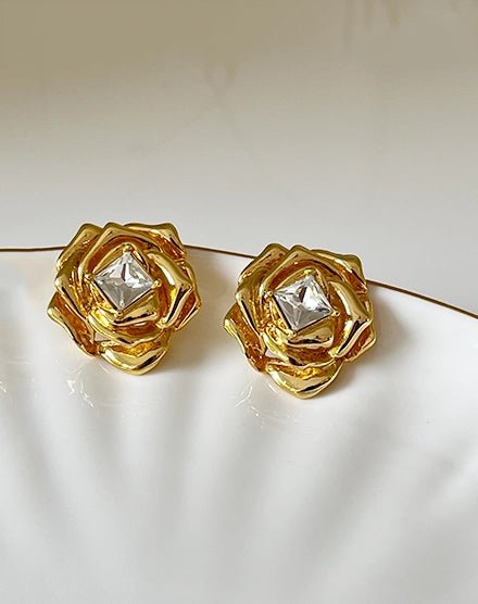 Golden Bloom Rose Crystal Center Stud Earrings - Silks & Jewels