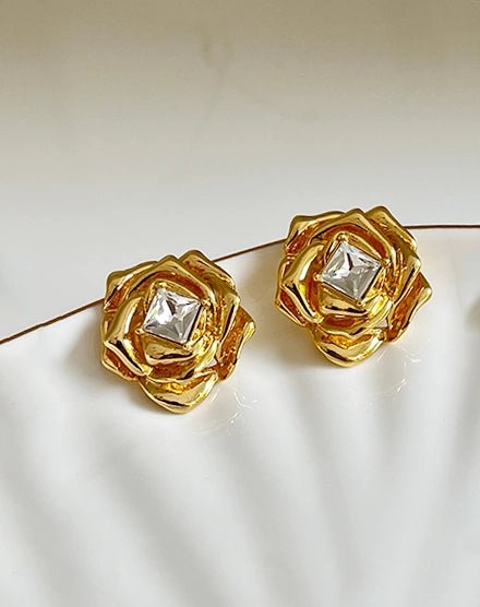 Golden Bloom Rose Crystal Center Stud Earrings - Silks & Jewels