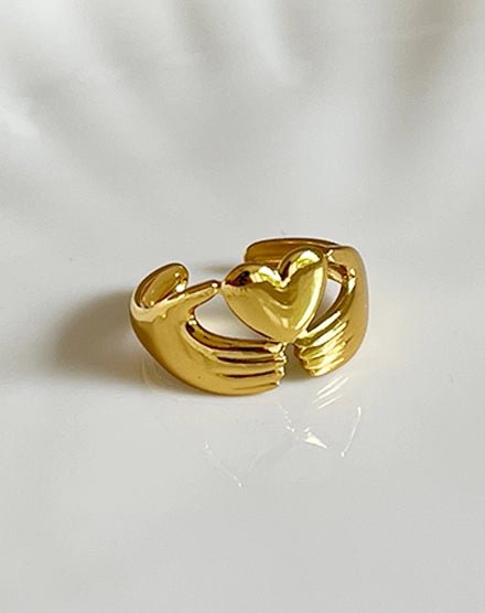 Golden Embrace Heart and Hands Gold Plated Ring - Silks & Jewels