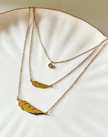 Golden Feather Triple Layer Crystal Necklace - Silks & Jewels
