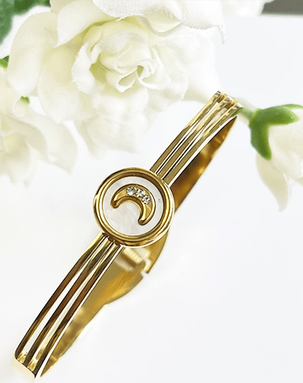 Lunar Glow Mother of Pearl Crescent Moon Bangle - Silks & Jewels