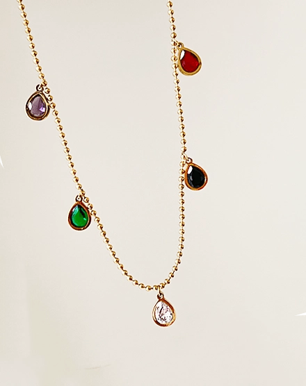 Multi Gem Colorful Stone Gold Plated Drop Necklace - Silks & Jewels