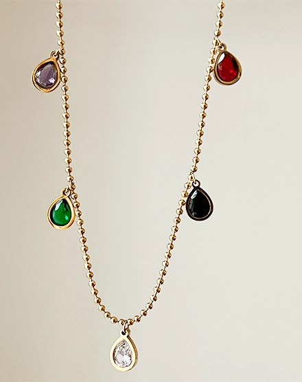 Multi Gem Colorful Stone Gold Plated Drop Necklace - Silks & Jewels