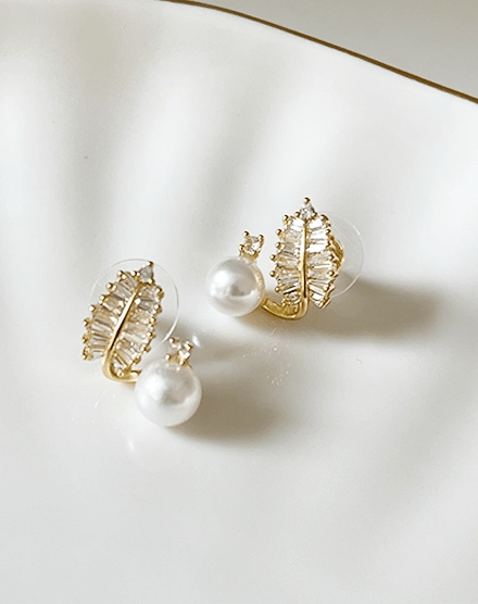 Pearl and Crystal Leaf Design Gold Plated Earrings - Silks & Jewels