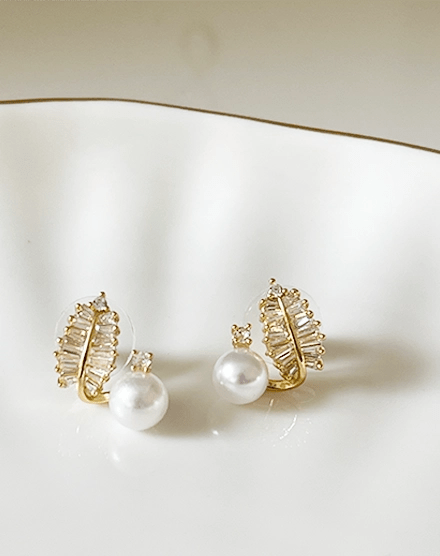 Pearl and Crystal Leaf Design Gold Plated Earrings - Silks & Jewels